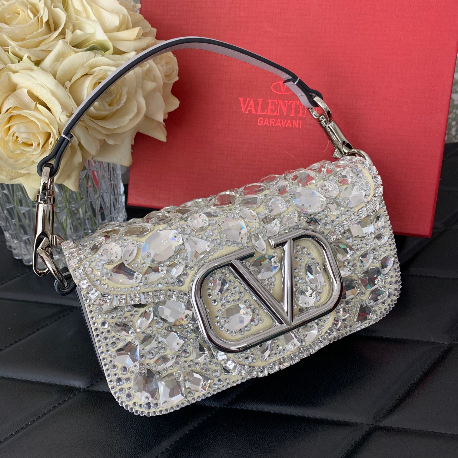 Valentino Garavani Loco Small Shoulder Bag Covered in White Crystals 